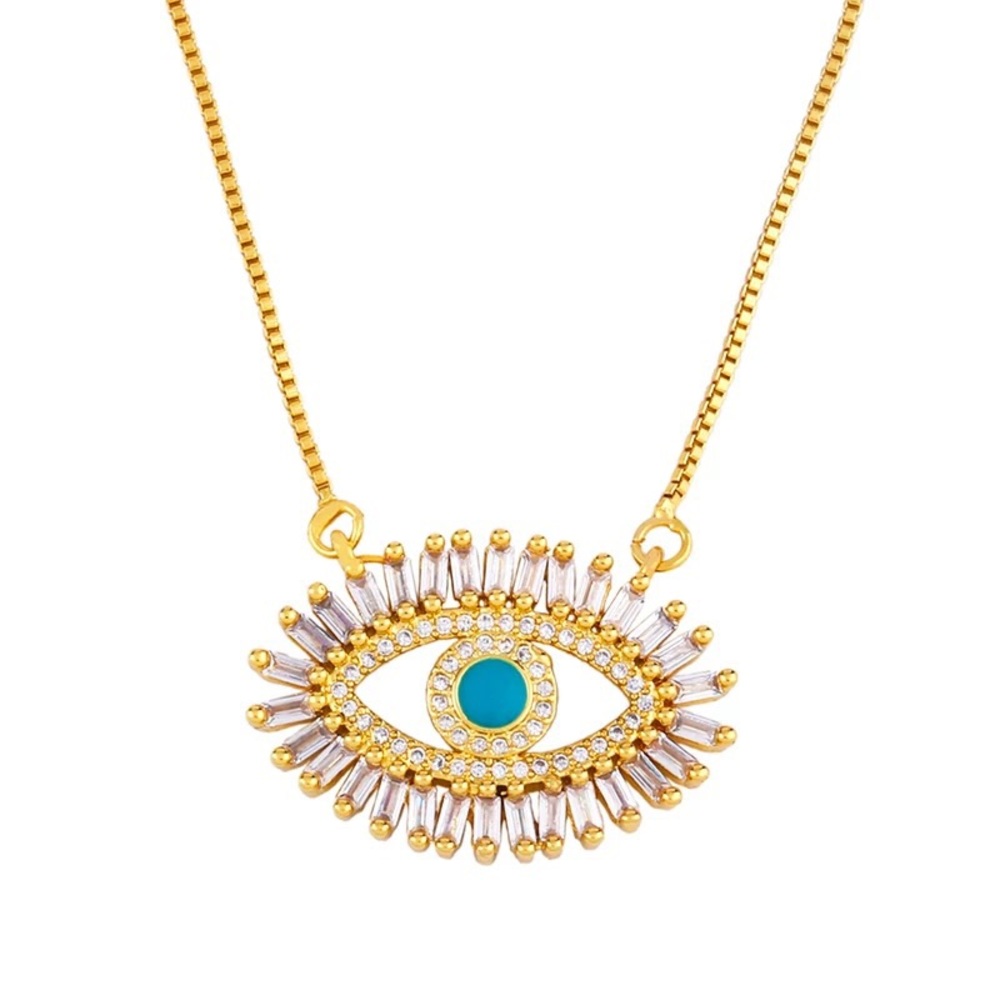 14k Gold Plated Vermeil Cubic Zirconia Baguette Evil Eye 18” Necklace